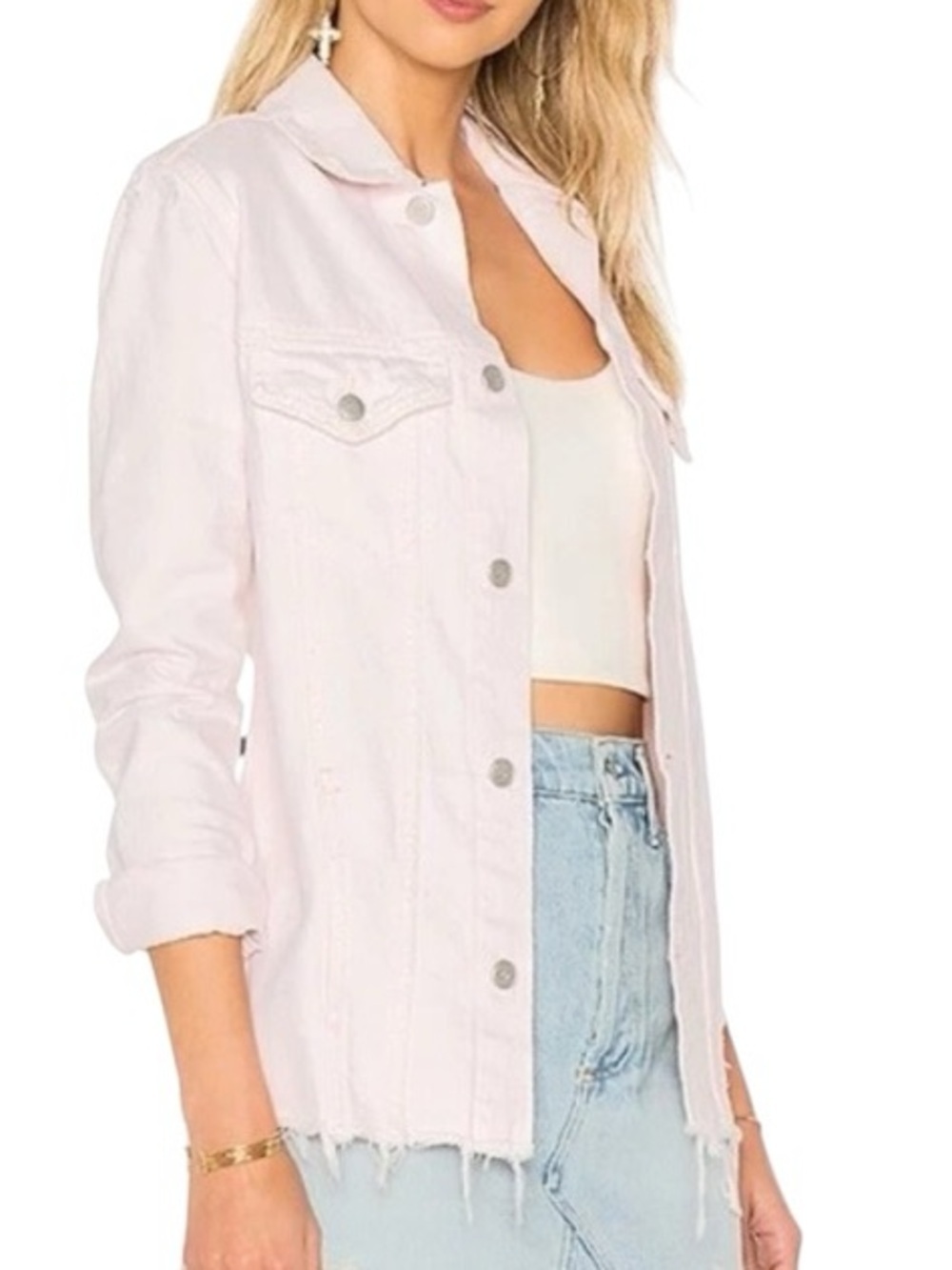 Lovers + Friends Light Pink Denim Button Up Jacket Coat Size Small Coquette $188
